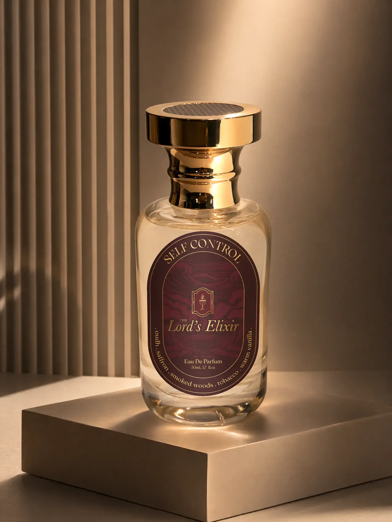 Perfume bottle emitting rich aroma on pedestal