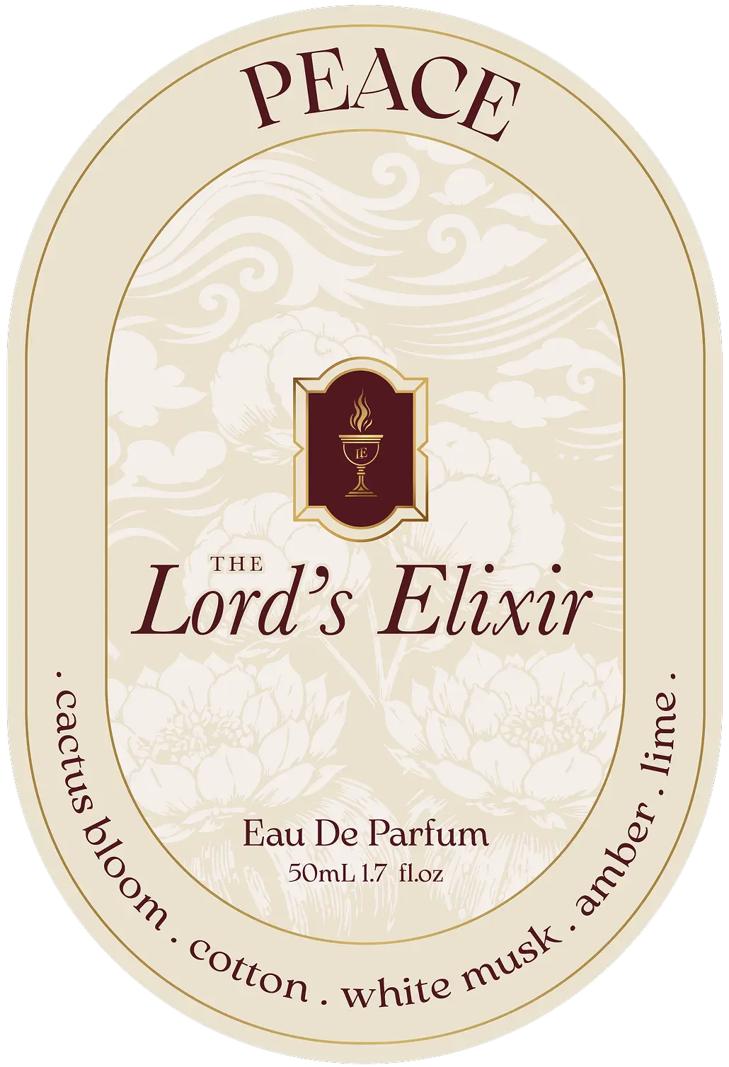 Perfume label showing aroma notes and name