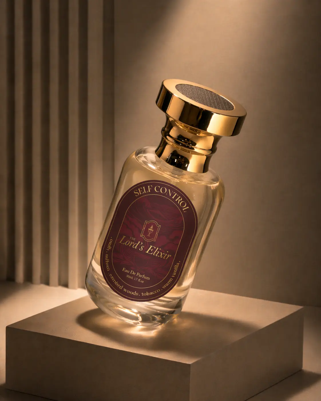 Elegant perfume bottle labeled Louis Elixir emitting rich aroma on pedestal
